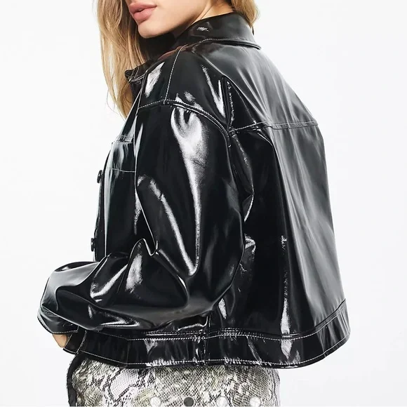 NWOT Nine West Faux Leather Biker Jacket in Black with White stitching Size S - Picture 3 of 13